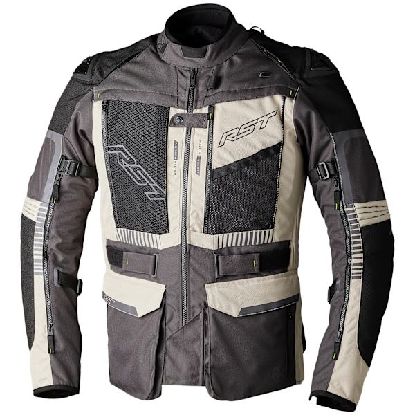 RST Ranger sand and graphite CE textile motorcycle jacket for all-weather adventure touring.