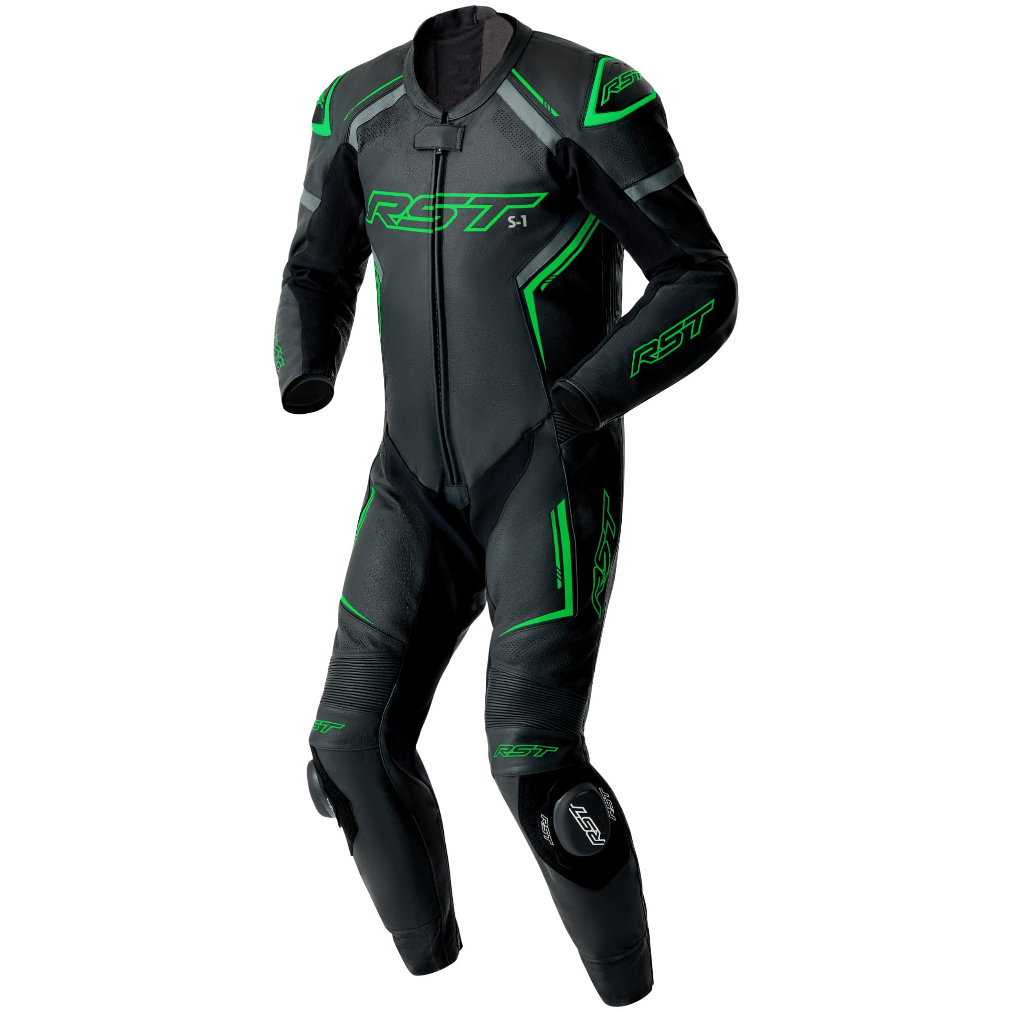 RST RST S1 D3O CE One Piece Leather Suit - Black / Grey / Flo Green