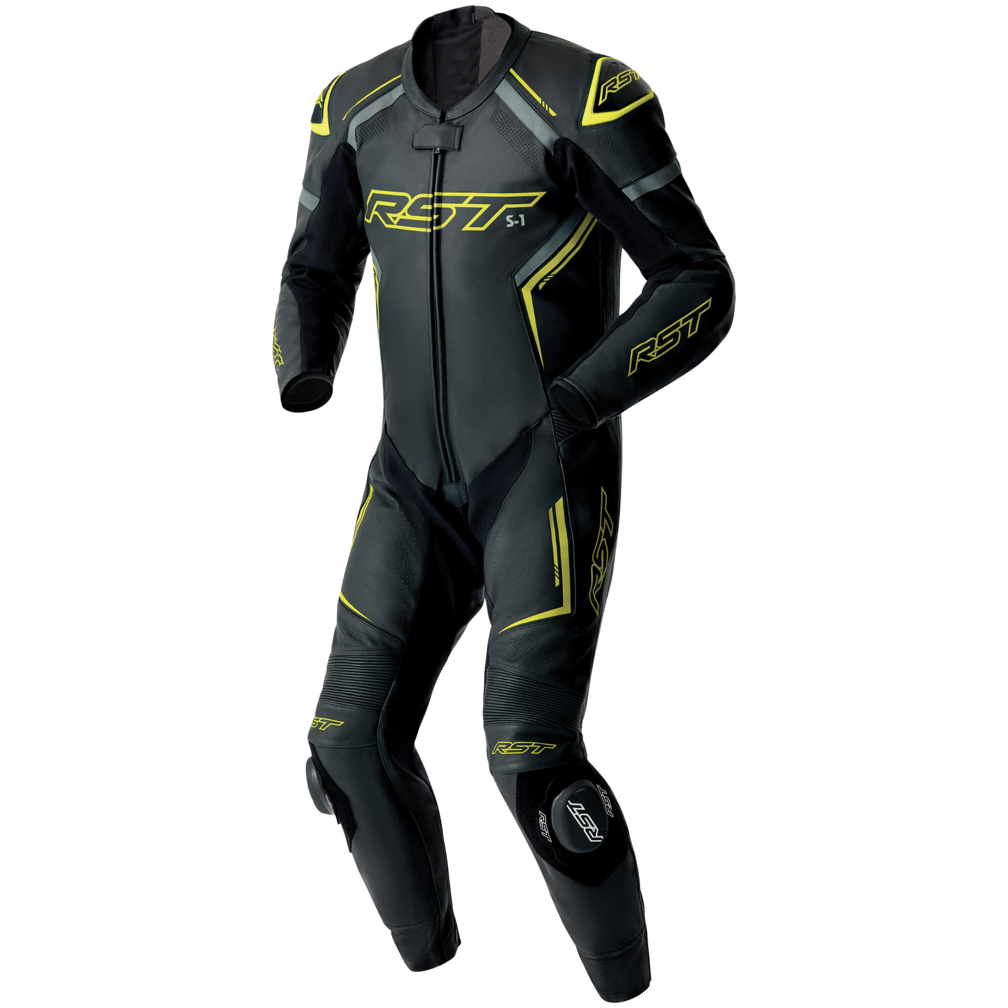 RST RST S1 D3O CE One Piece Leather Suit - Black / Grey / Flo Yellow